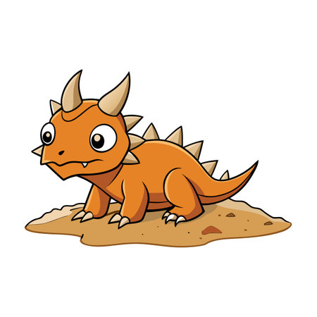 Cute cartoon dinosaur character with horns and spikes standing on the groundのイラスト素材