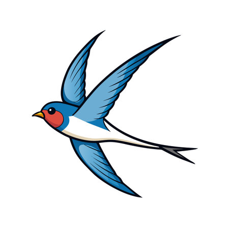 Illustration of a blue and red swallow in mid-flight on a white backdropのイラスト素材