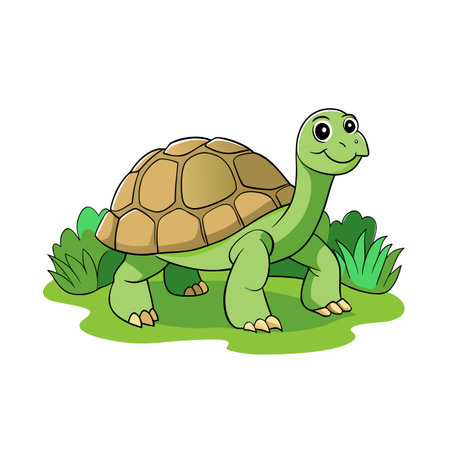 Cute Cartoon Turtle Illustration Walking on Grass with Bushes Background Designのイラスト素材
