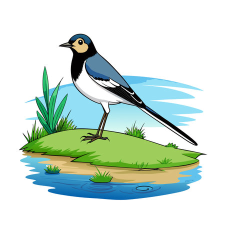 Stylized white wagtail bird perched on grassy islet near water illustrationのイラスト素材