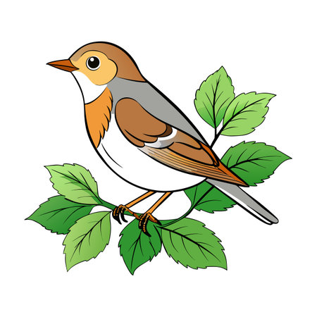 Illustration of a songbird perched gracefully among verdant foliage against a clean white backdropのイラスト素材