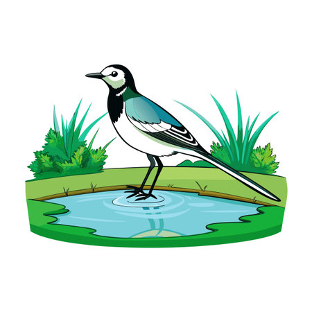 Cartoon White Wagtail at pond side with grasses and greenery illustrationのイラスト素材