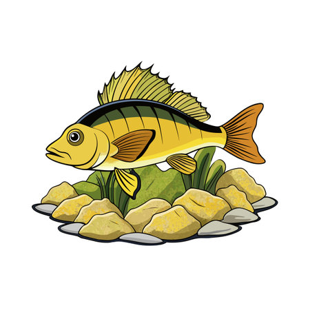 Perch Fish Cartoon Illustration in Freshwater Habitat with Rocks and Aquatic Plantsのイラスト素材