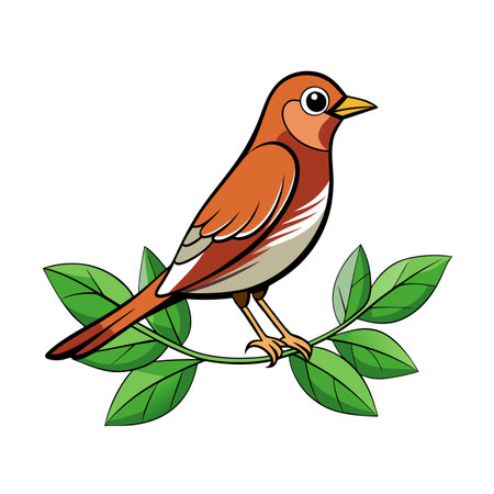 Cartoon bird perched on a leafy branch, vector illustration on whiteのイラスト素材