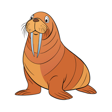 Cartoon walrus illustration with large tusks, friendly expression, and simple shapesのイラスト素材