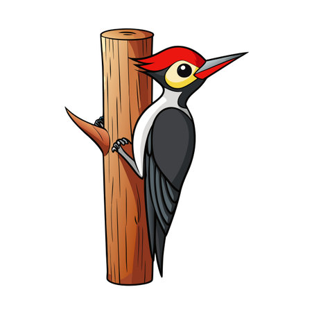 Cartoon woodpecker clinging to a tree trunk illustration with bold outlineのイラスト素材