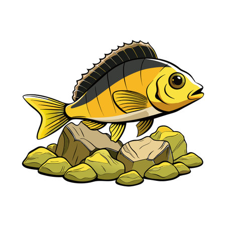 Stylized yellow fish illustration with dark stripes and rocky seabed elementsのイラスト素材