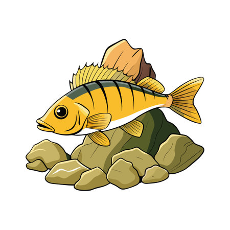 Cartoon Yellow Perch Fish Resting on Rocks Illustration Graphic Style Designのイラスト素材