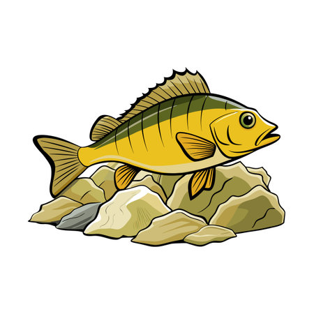 Stylized yellow perch illustration swimming over rocks with black outline against white backgroundのイラスト素材