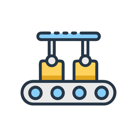 Iconographic illustration of an automated assembly line conveyor belt with yellow boxesのイラスト素材