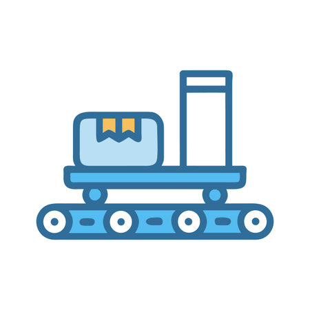 Stylized conveyor belt with package and stand on a black background illustrationのイラスト素材