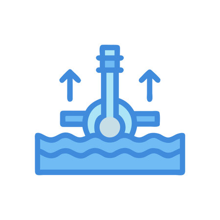 Blue Water Turbine Generates Clean Energy, Pointing Upwards, In Front of Black Backgroundのイラスト素材