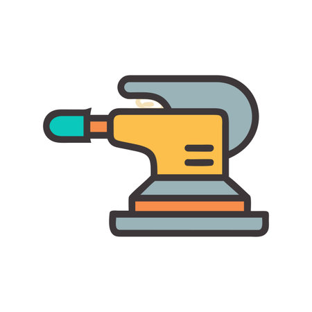 Stylized orbital sander illustration featuring bold color palette and thick outlines on black backgroundのイラスト素材