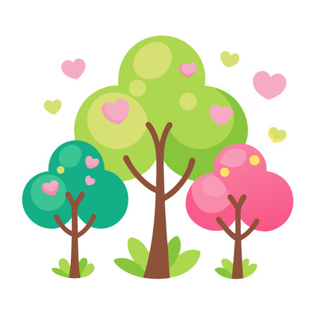 Colorful Trees with Hearts, Cartoon Nature Illustrationのイラスト素材