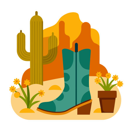 Whimsical Western Scene: Cowboy Boot, Cactus, and Flowersのイラスト素材