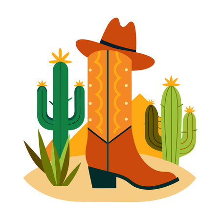 Cowboy Boot and Hat in Desert Landscape Artのイラスト素材