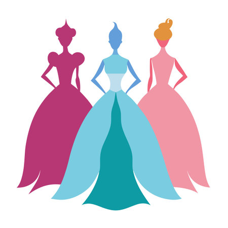 Stylized Silhouettes of Three Princesses in Colorful Gownsのイラスト素材
