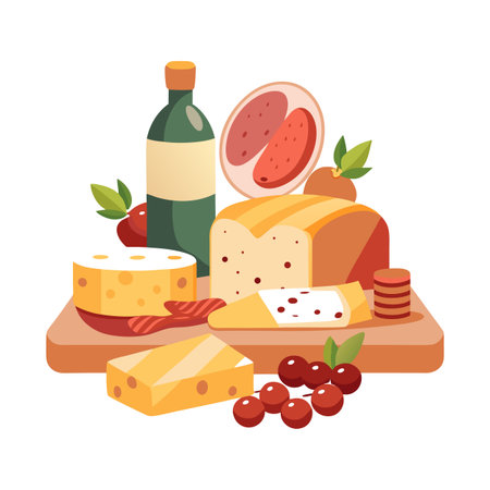 Cheese, Ham, and Wine Still Life Vector Illustrationのイラスト素材