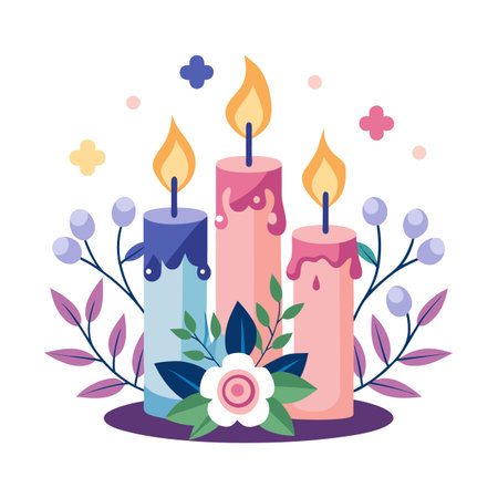 Three Candles with Floral Arrangement Illustration on Whiteのイラスト素材