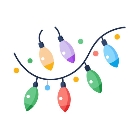 Colorful Christmas lights string, flat vector, holiday decorationのイラスト素材