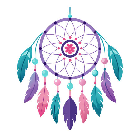 Colorful dream catcher illustration with feathers and beadsのイラスト素材