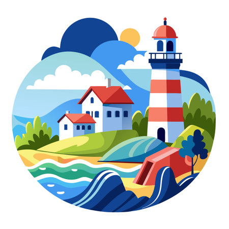 Cartoon lighthouse scene with houses by the seaのイラスト素材