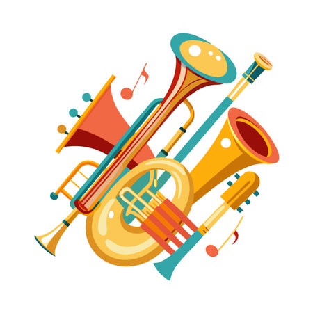 Colorful Cartoon Musical Instruments Still Life Vector Illustrationのイラスト素材