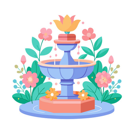 Ornate fountain illustration with flowers and foliage designのイラスト素材