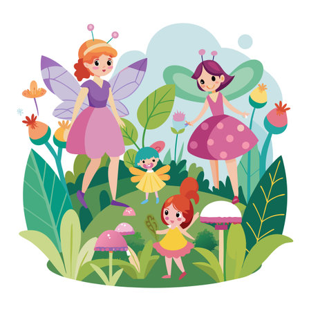 Fairy garden with colorful illustrations of whimsical fairiesのイラスト素材