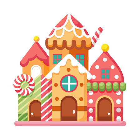 Festive Gingerbread House Illustration with Candy and Icingのイラスト素材