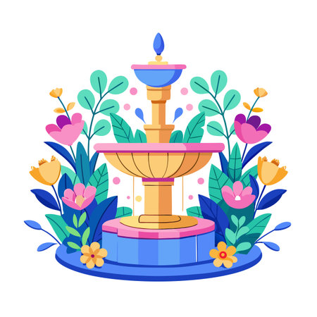 Elegant Fountain with Flowers Illustration in Cartoon Styleのイラスト素材