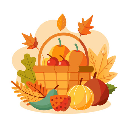 Autumn harvest basket with colorful leaves and fruitsのイラスト素材