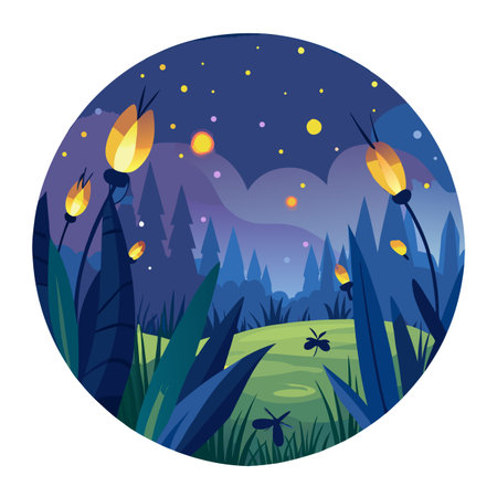 Nighttime glowbugs in a whimsical forest landscape illustrationのイラスト素材