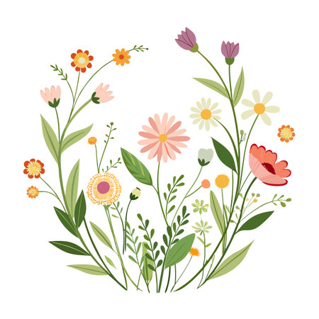 Floral Circle Illustration: Colorful Flowers and Green Foliageのイラスト素材
