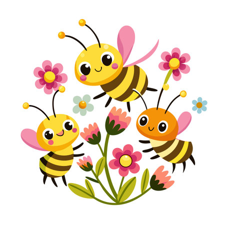 Cute Cartoon Bees and Flowers Vector Illustration Designのイラスト素材
