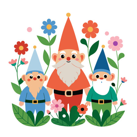Cute gnome family with flowers in whimsical gardenのイラスト素材