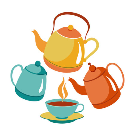 Colorful Teapots and Tea Cup Illustration for Tea Timeのイラスト素材
