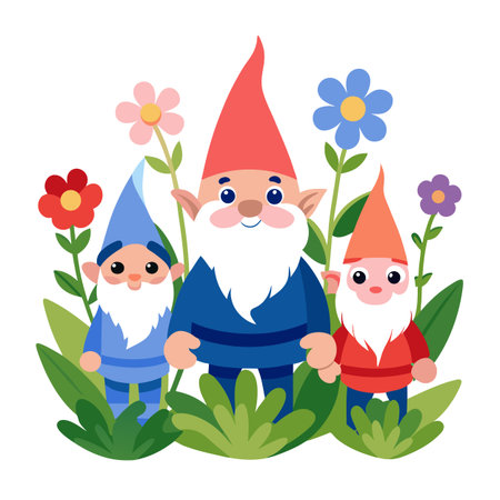 Whimsical Garden Gnomes with Flowers and Colorful Hatsのイラスト素材