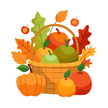 Autumn Harvest Basket with Apples and Pumpkins Illustrationのイラスト素材