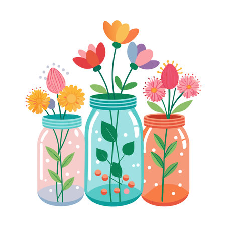 Colorful Flowers in Jars Still Life Illustration Artのイラスト素材