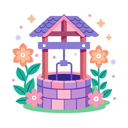 Charming Vector Well with Flowers Illustration for Springのイラスト素材