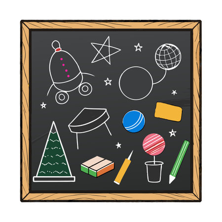 Colorful Chalkboard with Space, Education, and School Iconsのイラスト素材