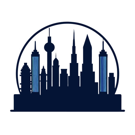 Modern Cityscape Silhouette with Circle Frame Design Illustrationのイラスト素材