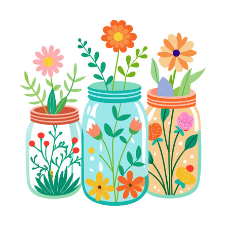 Whimsical Flowers in Jars Illustration Art Designのイラスト素材