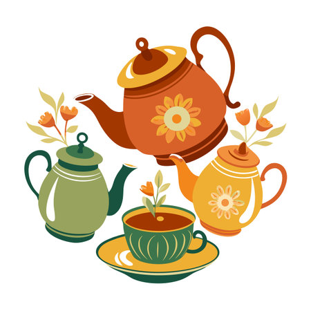 Colorful Teapots and Tea Cup with Floral Accentsのイラスト素材