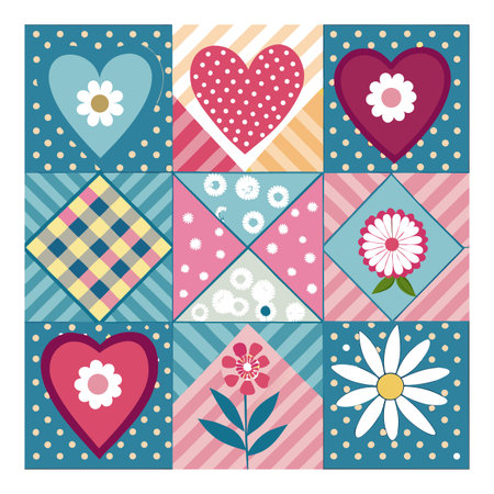 Floral Quilt Pattern with Hearts and Daisy Flowersのイラスト素材