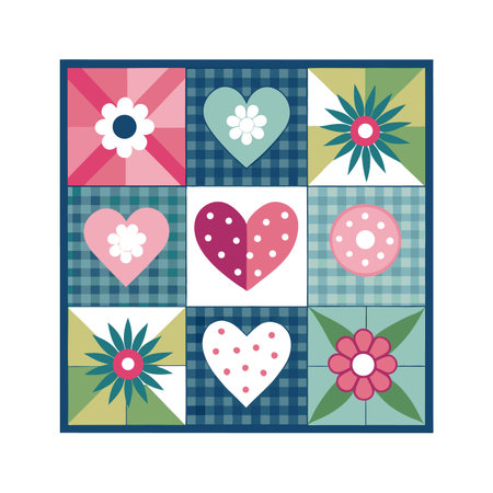 Floral and Heart Quilt Design with Playful Color Paletteのイラスト素材