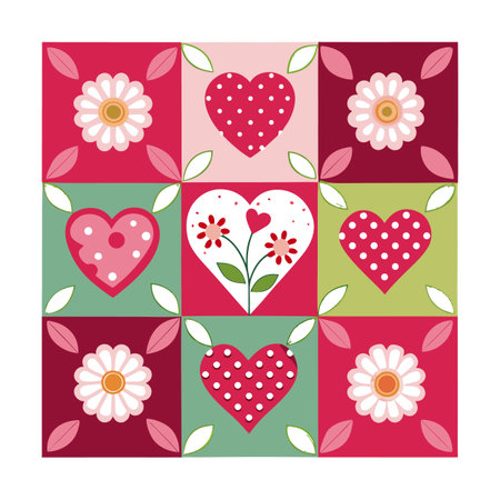 Colorful Hearts and Flowers Quilt Tile Pattern Designのイラスト素材