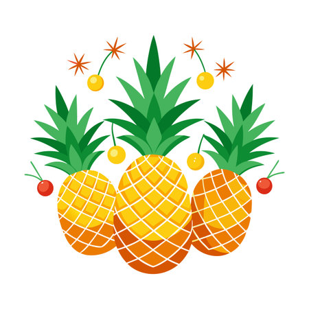 Tropical Pineapples and Cherries Graphic Illustration on Whiteのイラスト素材