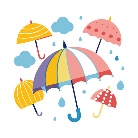 Fun colorful umbrellas and rain cartoon vector illustrationのイラスト素材
